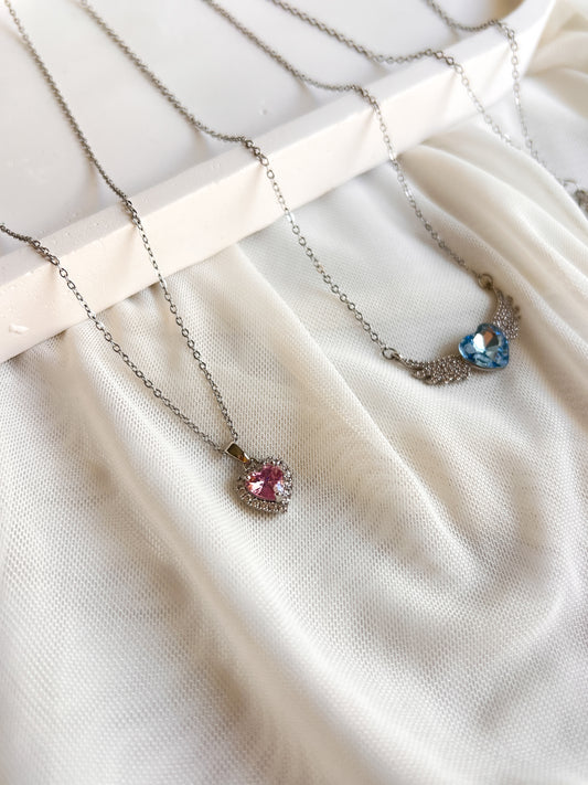 Silver Heart Necklace- Pink