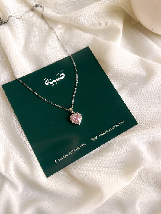 Silver Heart Necklace- Pink